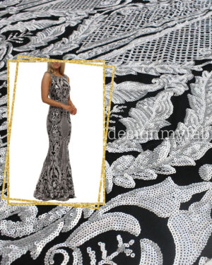Silver black baroque lace fabric #81643