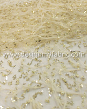 Gold net sequins and feathers fabric #20468