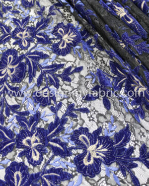 Blue velvet and sequins black lace fabric #20646