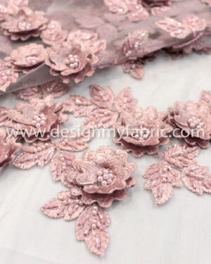 Dusty pink net 3D floral fabric #20462