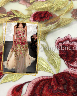 Gold and Red floral metallic embroidered lace fabric #80125