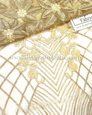 Gold net floral and stripes sequined fabric #91453