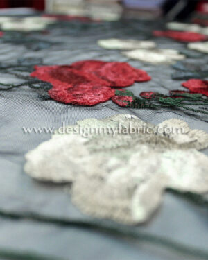 Black net with red roses lace fabric#91517