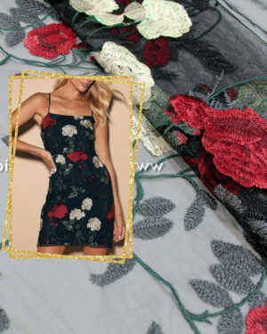 Black net with red roses lace fabric#91517