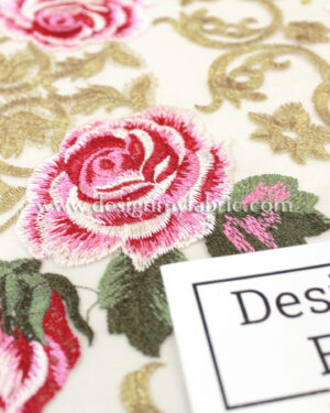 Gold baroque with pink roses embroidered lace fabric #91516