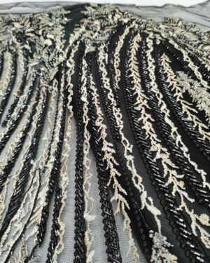 Black and Beige net beaded fabric #99432