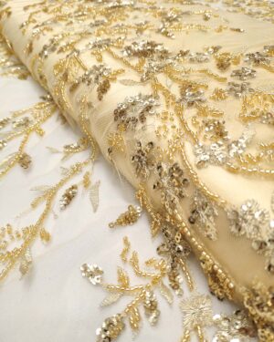 Gold net floral beaded lace fabric #99434