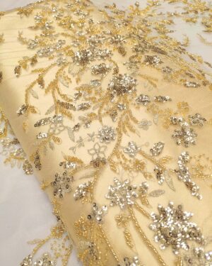 Gold net floral beaded lace fabric #99434