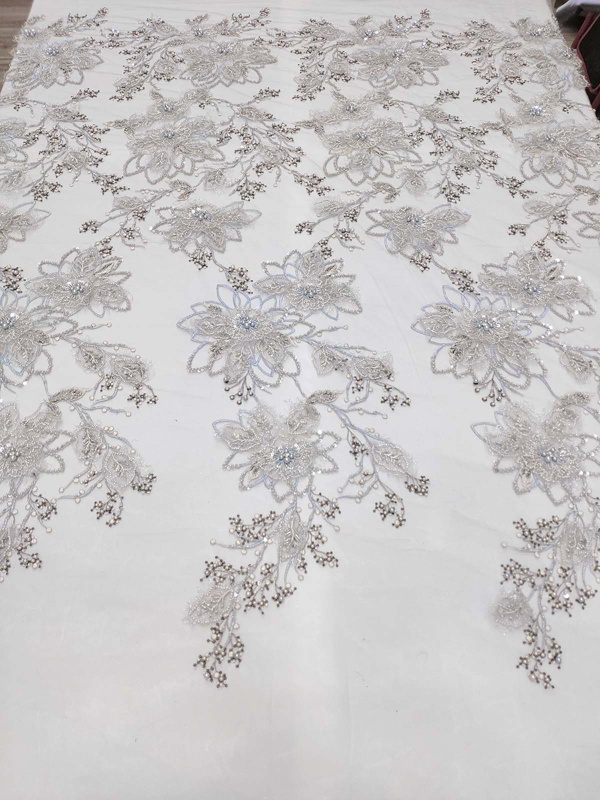 Grey and light blue 3D floral elegant lace fabric #99472 - Design My Fabric