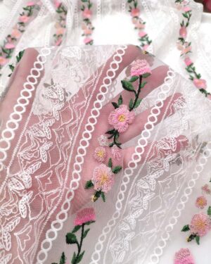 White and Pink net floral fabric #99480