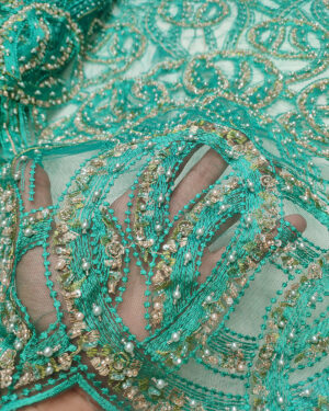 Turquoise Green beaded net fabric #50072
