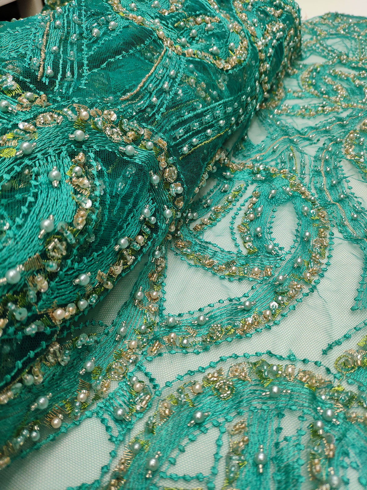 Turquoise Green beaded net fabric #50072 - Design My Fabric