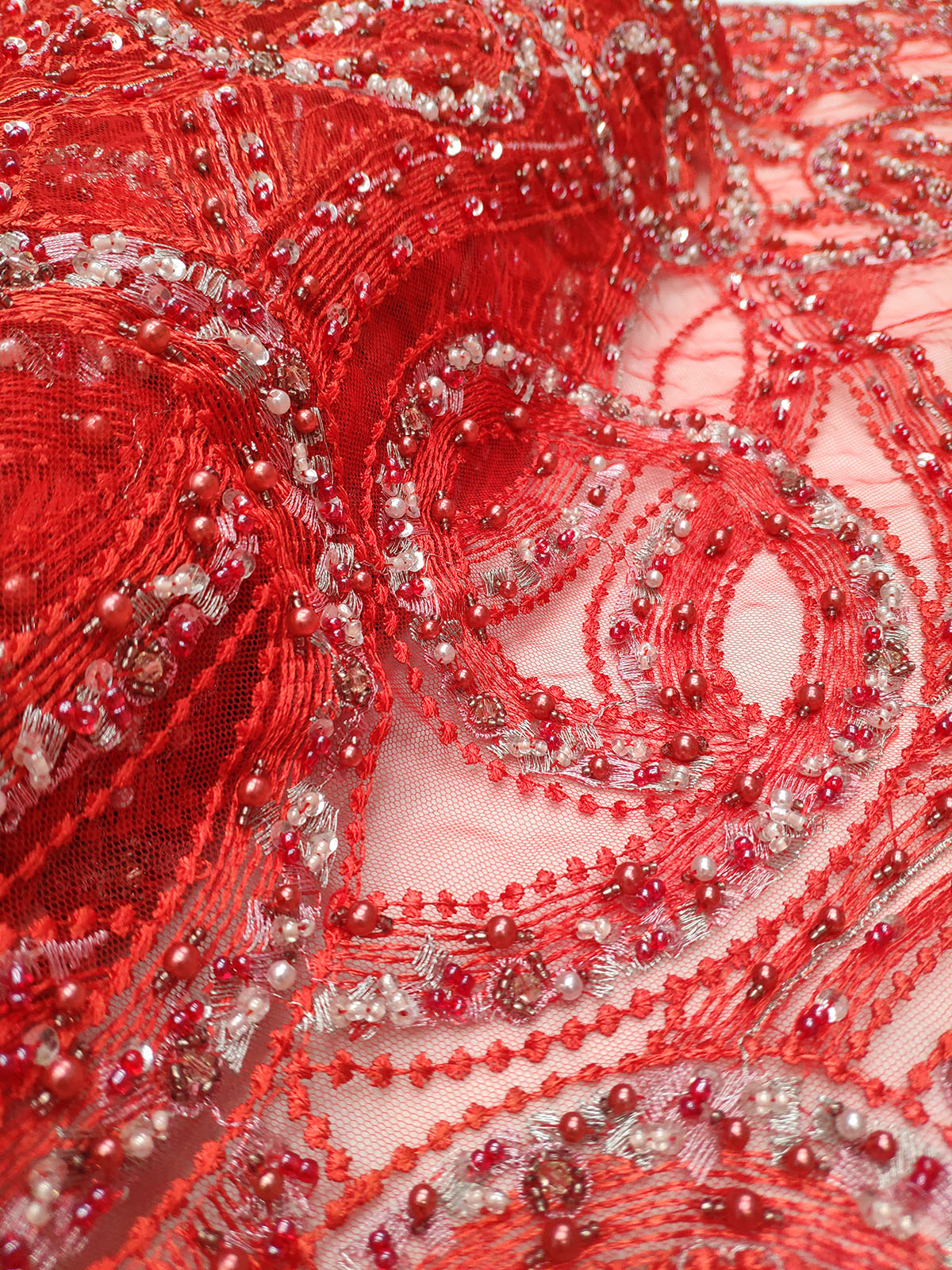 Red beaded net fabric #50071 - Design My Fabric