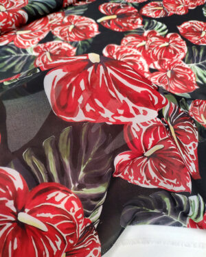 Black and Red leaf chiffon fabric #50026