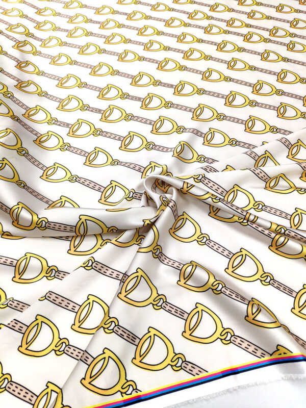 White and Gold Stirrups satin fabric B#50030 - Image 3