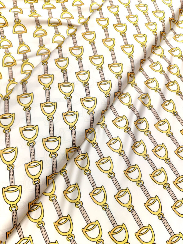 White and Gold Stirrups satin fabric B#50030 - Image 2