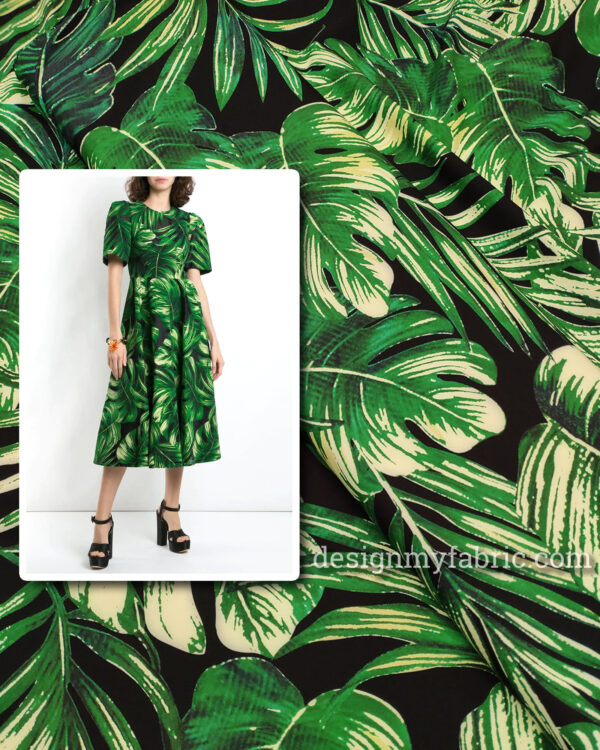 Black and Green leaf crepe fabric #50022