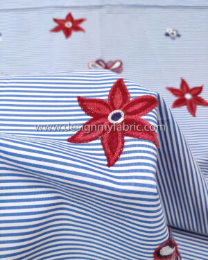 Blue striped cotton twill embroidered with flowers #91425