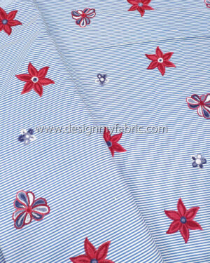 Blue striped cotton twill embroidered with flowers #91425