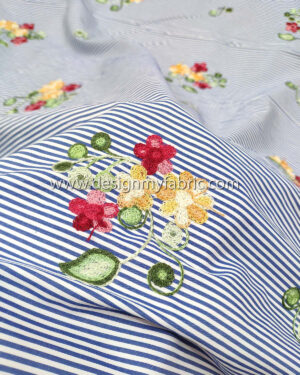 Blue striped cotton twill embroidered with flowers #91610