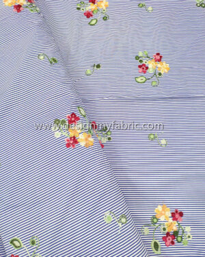 Blue striped cotton twill embroidered with flowers #91610