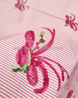 Pink striped cotton twill embroidered with hats #91421