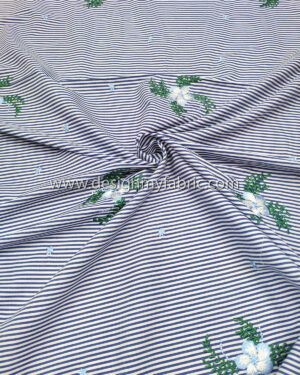 Blue striped cotton twill embroidered with flowers #91420