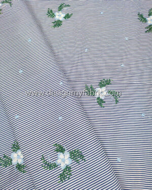 Blue striped cotton twill embroidered with flowers #91420