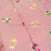 Red stripped cotton twill embroidered with feathers #91423