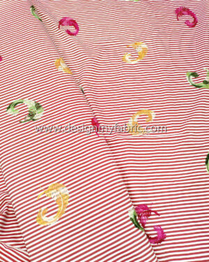 Red stripped cotton twill embroidered with feathers #91423