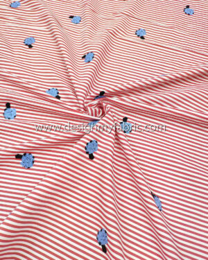 Red stripped cotton twill embroidered with trees #91613