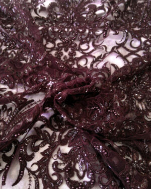 Burgundy beaded lace fabric #91403
