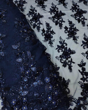 Blue 3d flower and pearls beaded lace fabric #90677