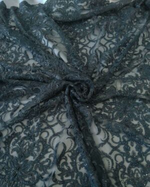 Dark grey beaded lace fabric #91406