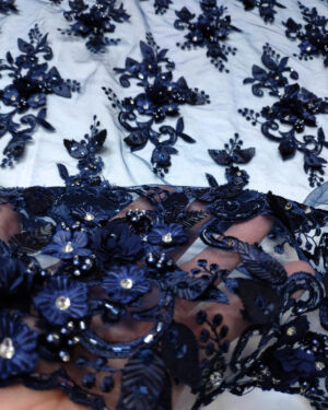 Blue 3d flower and pearls beaded lace fabric #90677