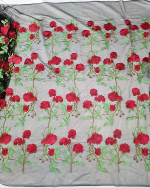 Black embroidered lace fabric with red rose flowers #80768