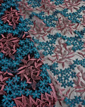 Black lace fabric with blue and pink flowers #80581