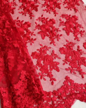 Red embroidered floral lace fabric #20677