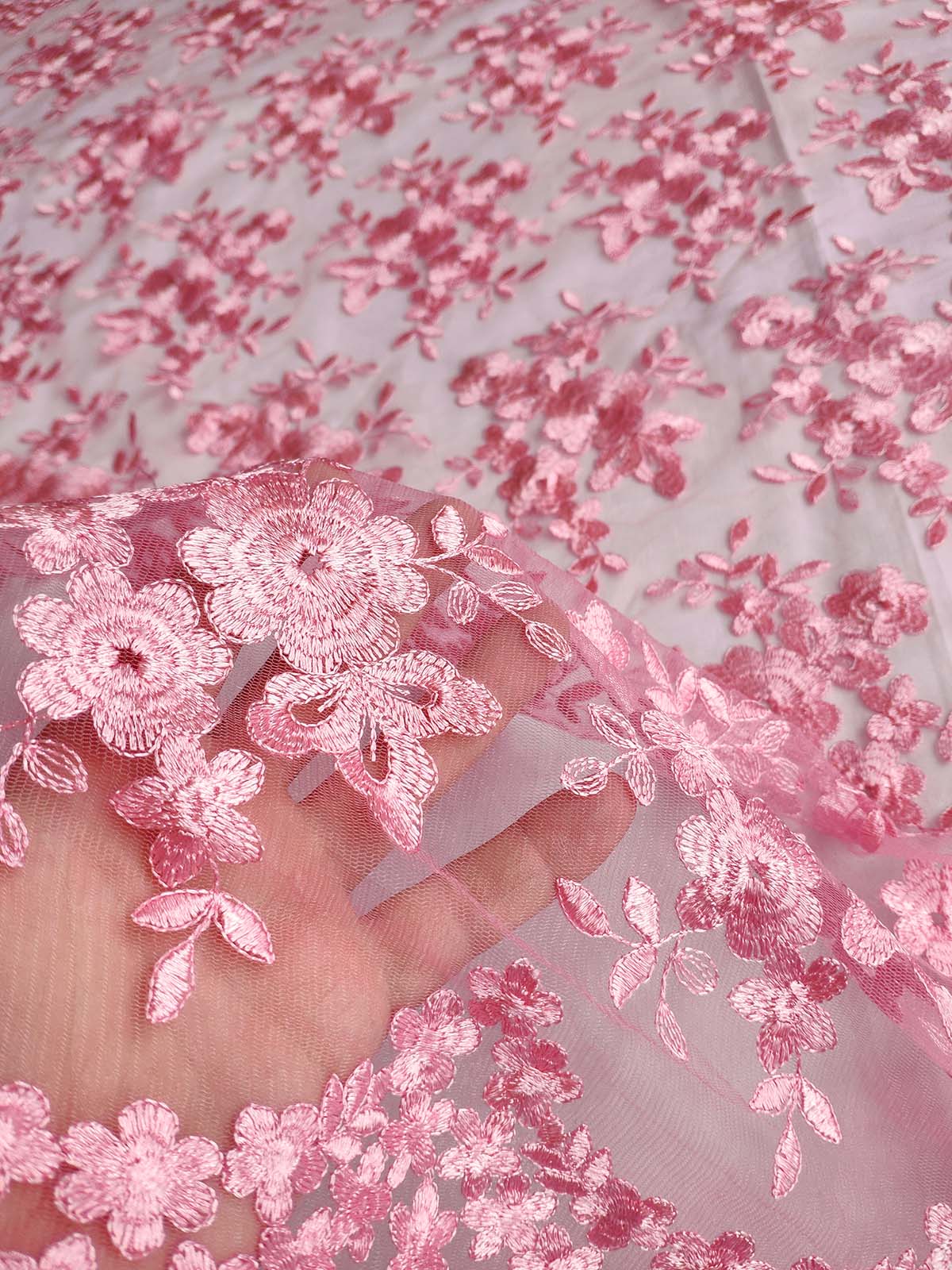 Pink floral embroidered lace fabric #20676 - Design My Fabric