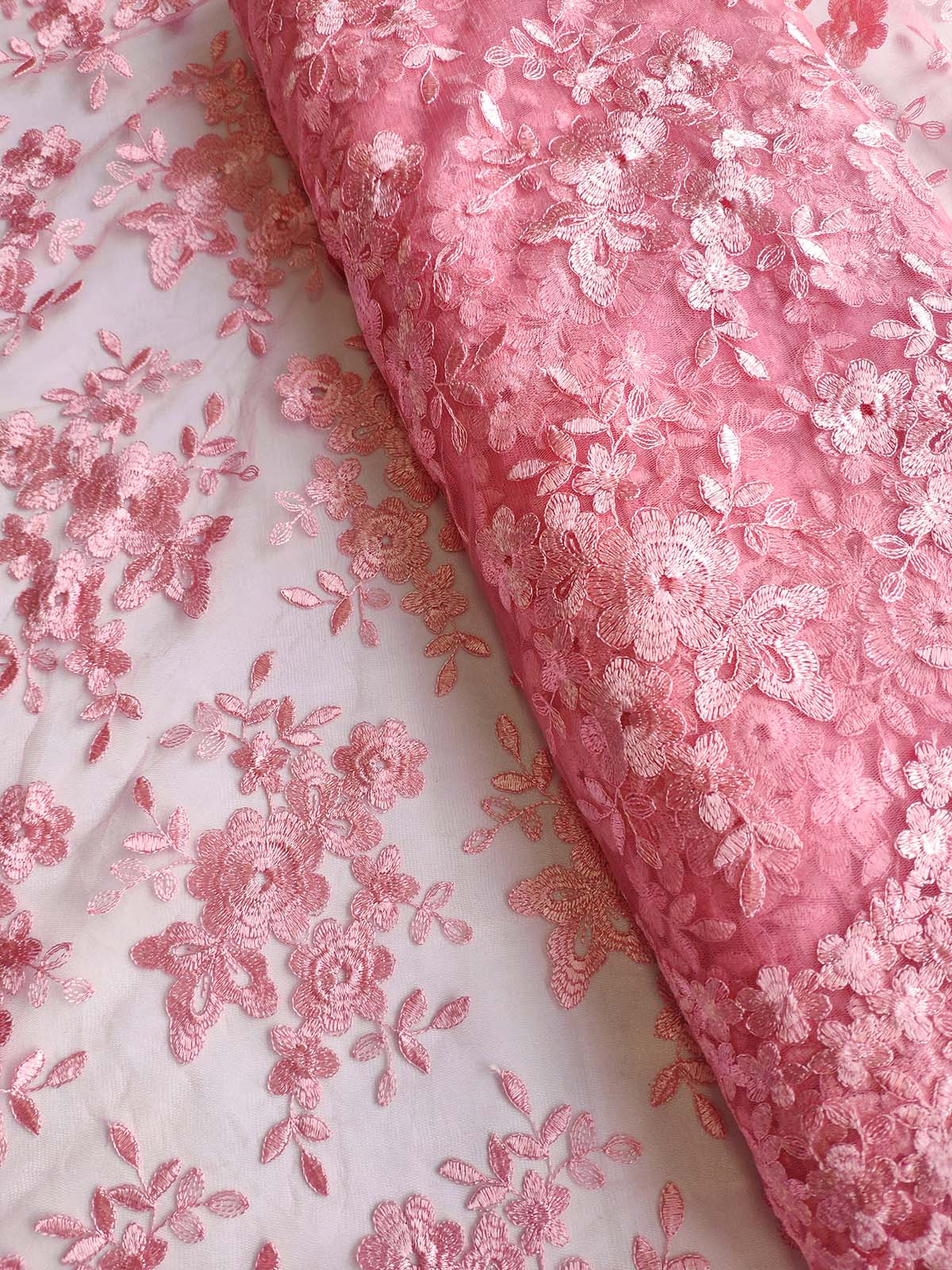 Pink floral embroidered lace fabric #20676