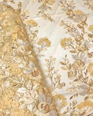 Gold lace fabric with 3d flowers #20641