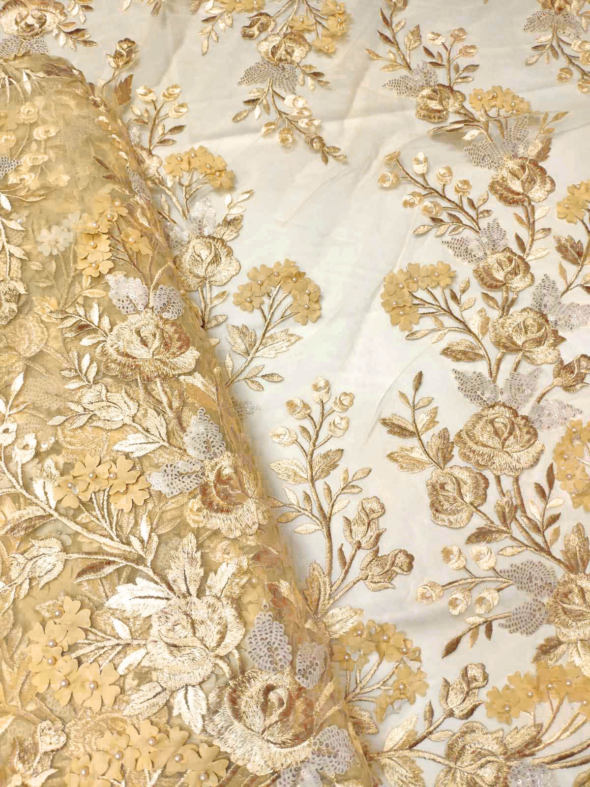 Gold lace fabric with 3d flowers #20641 - Design My Fabric