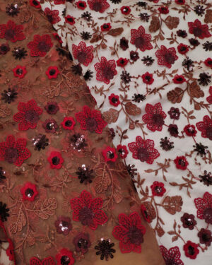 Red and brown floral lace fabric #91520