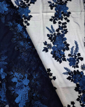 Blue embroidered floral lace fabric #10023