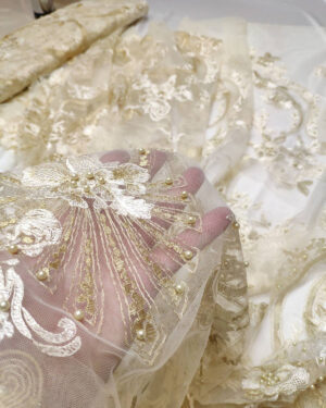 Gold Embroidered lace fabric with pearls #80289