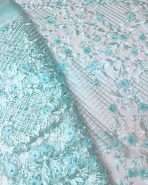 Light blue lace fabric with 3d flowers #10020