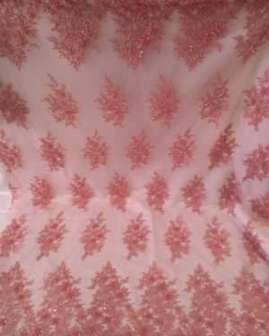 Pink beaded lace fabric with pearls #10074