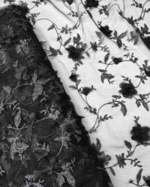 Black lace fabric with 3d flowers #90676