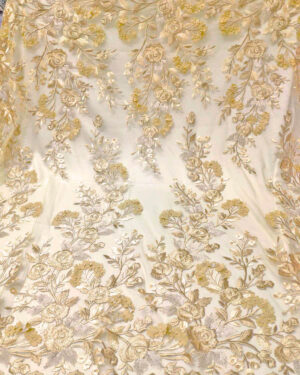 Gold lace fabric with 3d flowers #20641