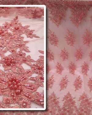 Pink beaded lace fabric with pearls #10074
